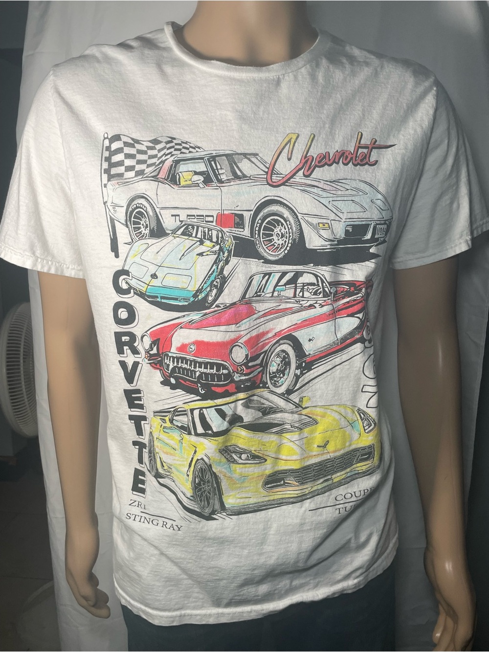Chemistry White Corvette Graphic Tee with Red, Yellow, Blue Accents